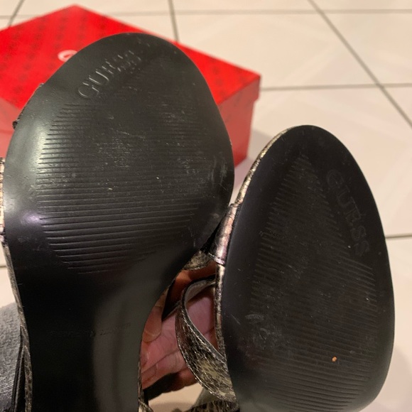 Pewter and Gold Double Buckle Guess Heels - Picture 4 of 9